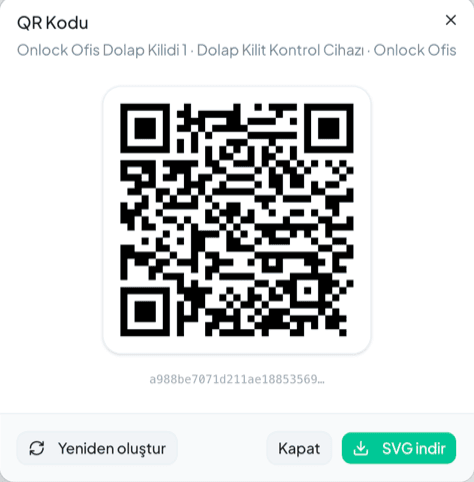 Onlock paneli, erişim noktası için üretilen QR kodu ve SVG indirme